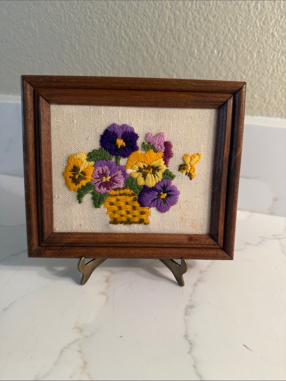 Vintage Pansy Crewel “Jiffy” in Frame with Brass Easel Miniature